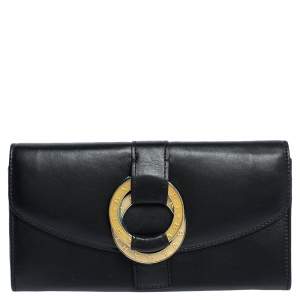 Bvlgari Black Leather Double Ring Flap Continental Wallet