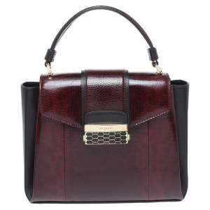 Bvlgari Burgundy/Black Leather and Karung Serpenti Viper Top Handle Bag