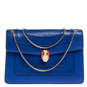 Pre Owned Bvlgari Blue Leather Medium Serpenti Forever Flap Shoulder Bag