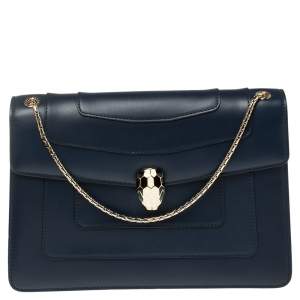 Bvlgari Navy Blue Leather Medium Serpenti Forever Flap Shoulder Bag