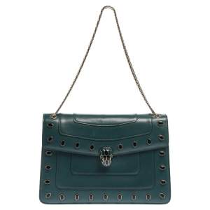 Bvlgari Green Leather Medium Studded Serpenti Forever Flap Shoulder Bag