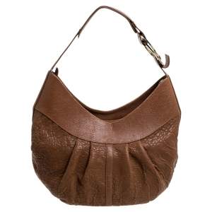 Bvlgari Brown Pleated Pebbled Leather Hobo