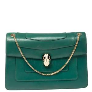 Bvlgari Green Leather Medium Serpenti Forever Flap Shoulder Bag