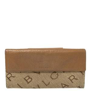 Bvlgari Brown/Beige Mania Canvas and Leather Double Flap Continental Wallet