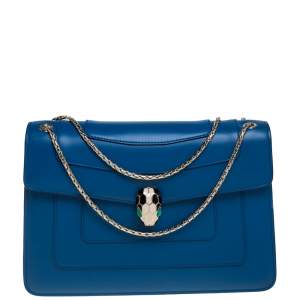 Pre Owned Bvlgari Blue Leather Medium Serpenti Forever Flap Shoulder Bag