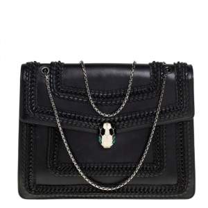 Bvlgari Black Leather Large Plisse Serpenti Forever Shoulder Bag