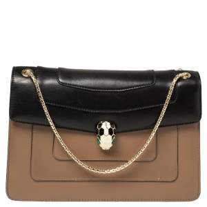 Bvlgari Tan/Black Leather Medium Serpenti Forever Flap Shoulder Bag