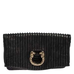 Bvlgari Black Leather and Python Leoni Lion Head Flap Clutch