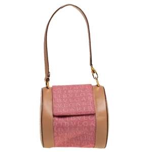 Bvlgari Pink/Beige Denim and Leather Cylinder Bag