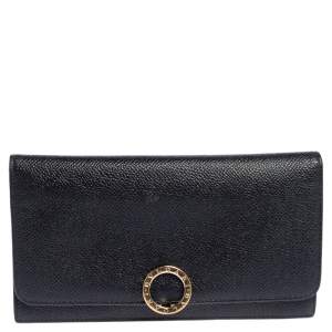 Bvlgari Black Leather Logo Round Bit Continental Wallet