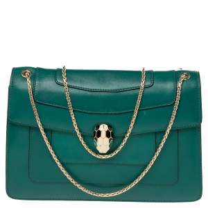 Bvlgari Green Leather Medium Serpenti Forever Flap Shoulder Bag