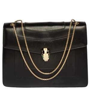 Bvlgari Black Leather Large Serpenti Forever Flap Shoulder Bag