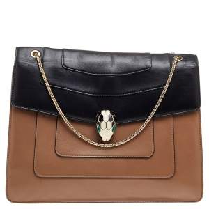 Bvlgari Black/Beige Leather Large Serpenti Forever Flap Shoulder Bag