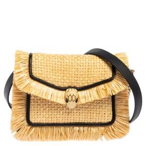 Bvlgari Cream/Black Raffia and Leather Mini Serpenti Forever Crossbody Bag