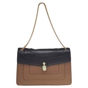 Bvlgari Beige/Black Leather Medium Serpenti Forever Flap Shoulder Bag