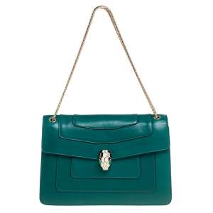 Pre Owned Bvlgari Green Leather Medium Serpenti Forever Flap Shoulder Bag