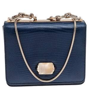 Bvlgari Blue Lizard Leather Cabochon Clasp Shoulder Bag