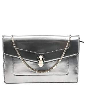 Bvlgari Metallic Silver Patent Leather Serpenti Forever Wallet on Chain