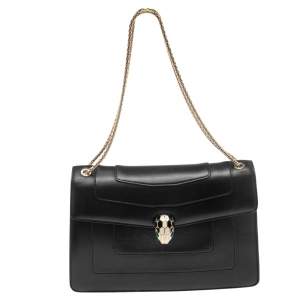 Bvlgari Black Leather Medium Serpenti Forever Flap Shoulder Bag