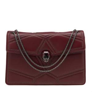 Bvlgari Maroon Leather Medium Studded Serpenti Forever Flap Shoulder Bag