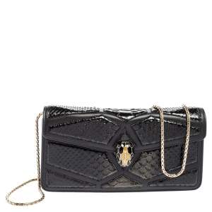 Bvlgari Black Leather And Python Serpenti Forever Chain Clutch
