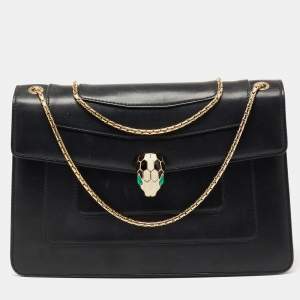 Bvlgari Black Leather Medium Serpenti Forever Flap Shoulder Bag
