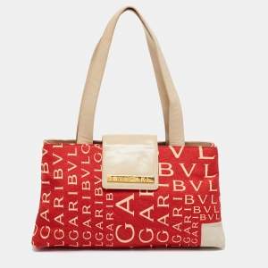 Bvlgari Red/Beige Logo Mania Fabric and Leather Baguette Bag