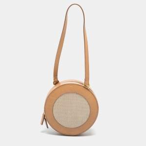 Bvlgari Beige Leather and Canvas Round Clutch Bag