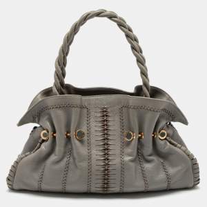 Bvlgari Grey Cognac Woven Leather Satchel