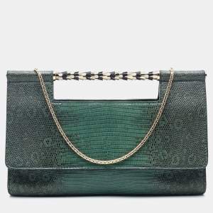 Pre Owned Bvlgari Green Lizard Leather Chain Flap Crossbody Bag
