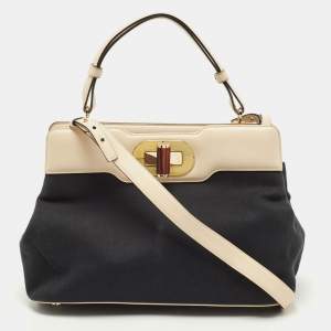Bvlgari Black/Cream Leather And Canvas Isabella Rossellini Top Handle Bag