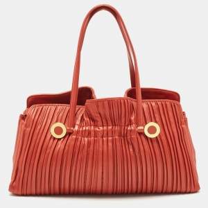 Bvlgari Brick Brown Pleated Leather Plisse Tote