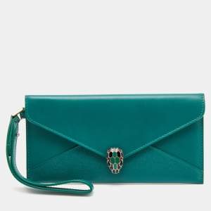 Bvlgari Green Leather Serpenti Forever Flap Wristlet Wallet