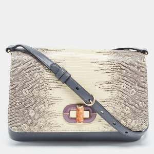 Bvlgari Beige/Grey Lizard Skin And Leather Icona Shoulder Bag