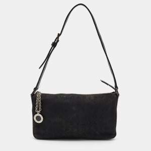 Bvlgari Black Macadam Canvas and Leather Zip Baguette Bag
