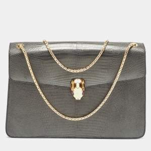 Bvlgari Grey Karung Leather Medium Serpenti Forever Flap Shoulder Bag