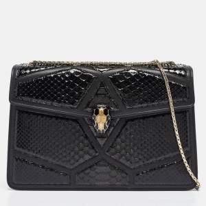 Bvlgari Black Python and Leather Medium Serpenti Diamond Blast Shoulder Bag