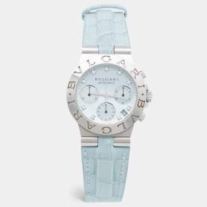 Bvlgari Blue Mother Of Pearl Diamond Stainless Steel Alligator Leather Diagono CH 35 S AUTO Women's Wristwatch 35 mm
