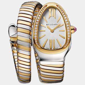 Bvlgari White 18K Yellow Gold Stainless Steel Diamond Serpenti Tubogas Women's Wristwatch 35 mm