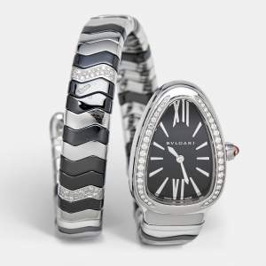 Bvlgari Black Diamond Ceramic Stainless Steel Serpenti Spiga 102129 Women's Wristwatch 33 mm 