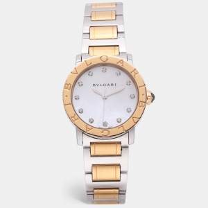 Pre Owned Bvlgari White 18k Yellow Gold/Stainless Steel Mother of Pearl/Pink Sapphire BBLP33SG Wristlet Watch 33 mm