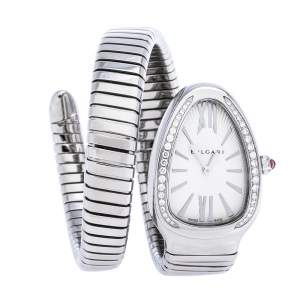 Bvlgari Silver Opaline Guilloché Soleil Stainless Steel Diamond Serpenti Tubogas 101910 Women's Wristwatch 35 mm