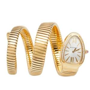 Bvlgari Silver Opaline Guilloché Soleil 18K Yellow Gold Diamonds Serpenti Tubogas SP 35 G Women's Wristwatch 35 MM