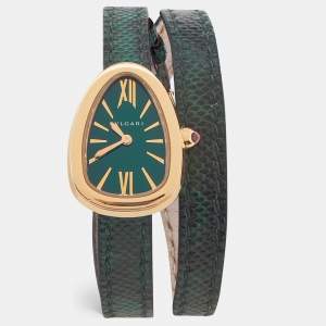 ساعة يد نسائية بلغاري سيربنتي 102726 جلد كارونغ ذهب وردي عيار 18 خضراء 27 مم