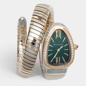 Bvlgari Green 18K Rose Gold Stainless Steel Diamond Serpenti Tubogas 102790 Women's Wristwatch 35 mm