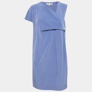 Carven Cornflower Blue Crepe Ruched Asymmetric Sleeve Shift Dress M