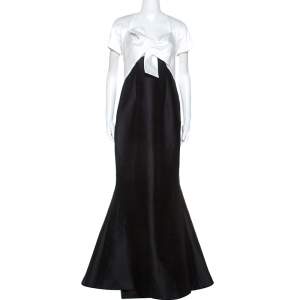 Carolina Herrera Ivory and Black Silk Blend Panel Flared Gown M