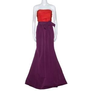Carolina Herrera Red and Purple Color-block Silk Strapless Gown L