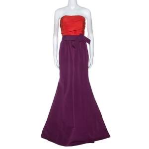Pre Owned Carolina Herrera Red and Purple Color-block Silk Strapless Gown L