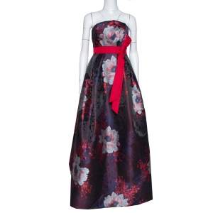 Pre Owned Carolina Herrera Navy Blue & Red Floral Jacquard Strapless Dress M